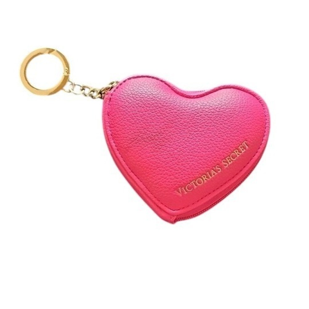 Victorias Secret Pink Pebbled Heart Coin Purse Keychain Gold Tone Bag Charm New